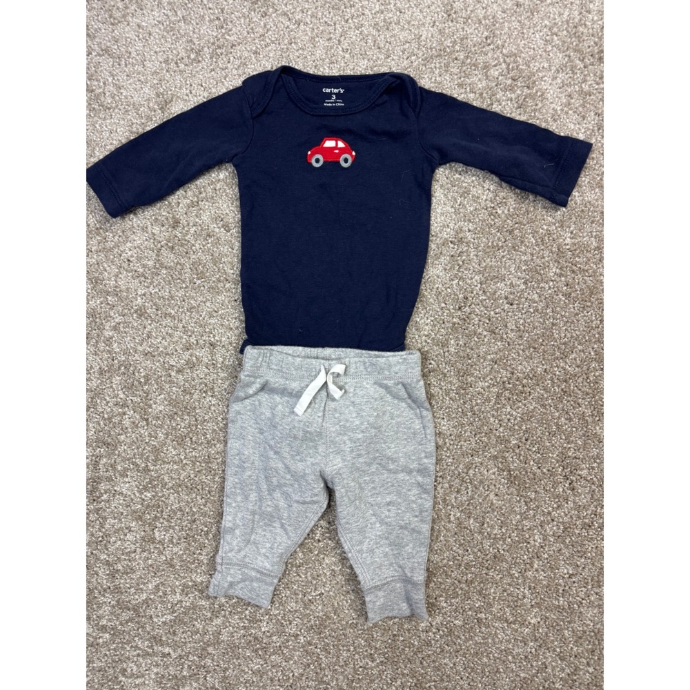 Carters Baby Boy 3M Navy Blue Car Bodysuit and Gray Jogger Pants Set